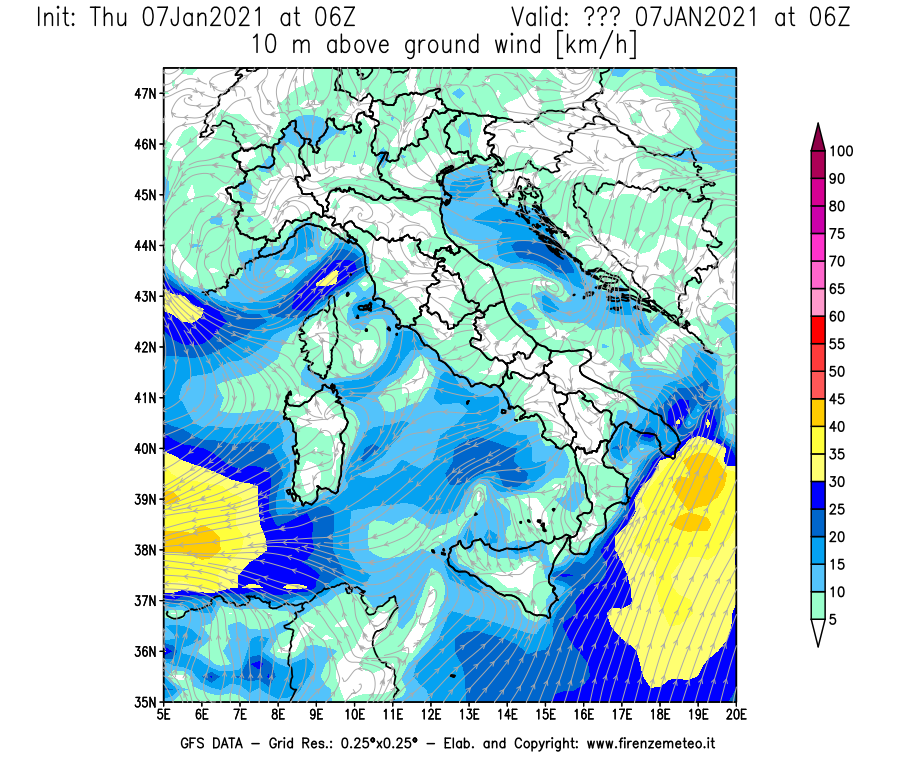 Mappa di analisi GFS - Velocità del vento a 10 metri dal suolo [km/h] in Italia
							del 07/01/2021 06 <!--googleoff: index-->UTC<!--googleon: index-->
