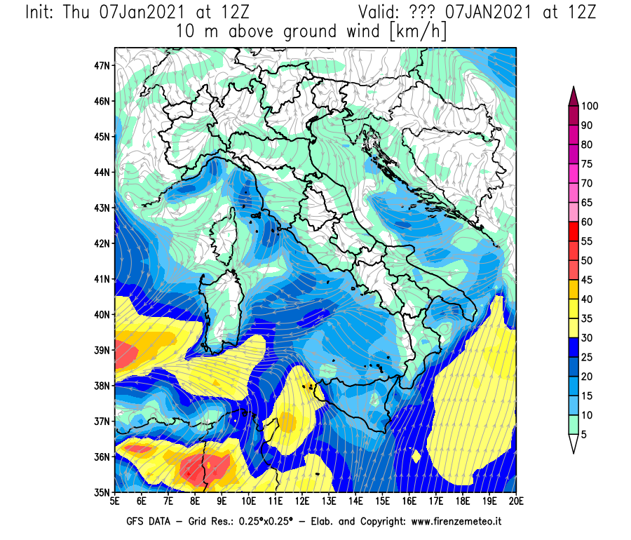 Mappa di analisi GFS - Velocità del vento a 10 metri dal suolo [km/h] in Italia
							del 07/01/2021 12 <!--googleoff: index-->UTC<!--googleon: index-->