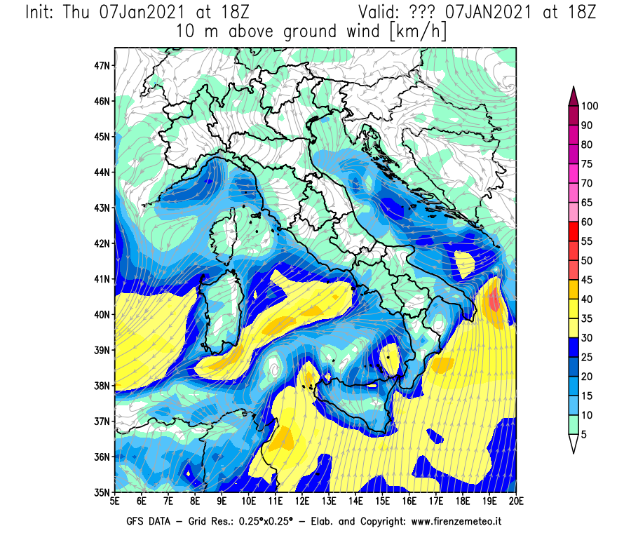 Mappa di analisi GFS - Velocità del vento a 10 metri dal suolo [km/h] in Italia
							del 07/01/2021 18 <!--googleoff: index-->UTC<!--googleon: index-->