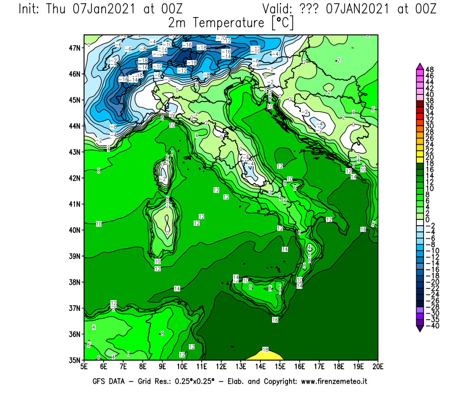 Mappa di analisi GFS - Temperatura a 2 metri dal suolo [°C] in Italia
							del 07/01/2021 00 <!--googleoff: index-->UTC<!--googleon: index-->