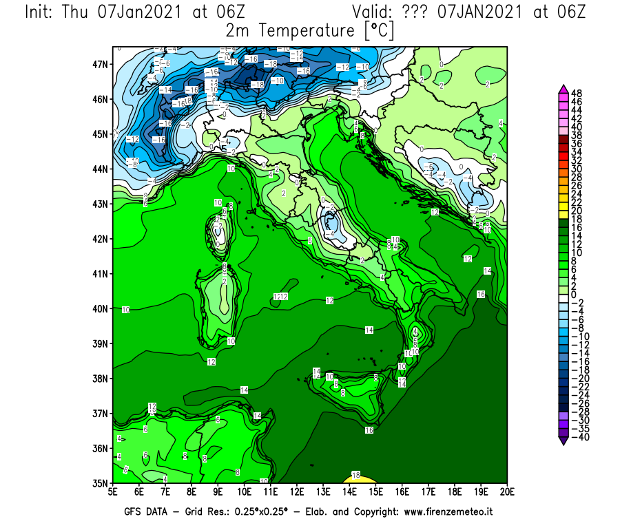 Mappa di analisi GFS - Temperatura a 2 metri dal suolo [°C] in Italia
							del 07/01/2021 06 <!--googleoff: index-->UTC<!--googleon: index-->