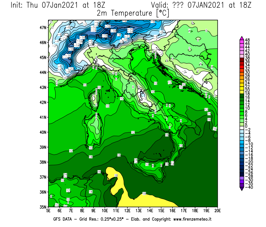 Mappa di analisi GFS - Temperatura a 2 metri dal suolo [°C] in Italia
							del 07/01/2021 18 <!--googleoff: index-->UTC<!--googleon: index-->