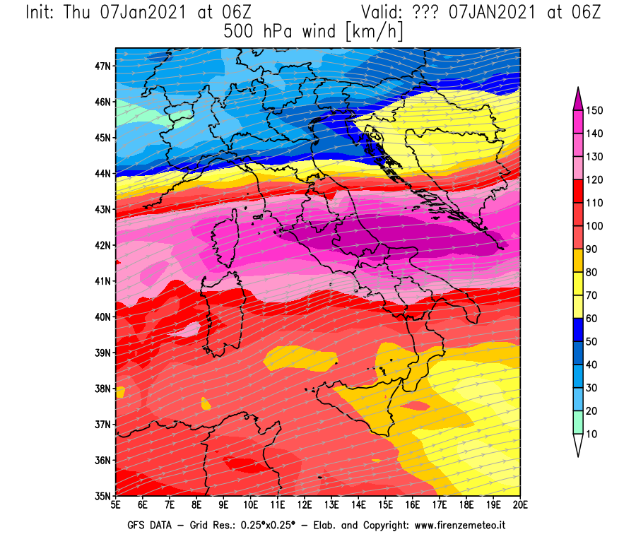 Mappa di analisi GFS - Velocità del vento a 500 hPa [km/h] in Italia
							del 07/01/2021 06 <!--googleoff: index-->UTC<!--googleon: index-->