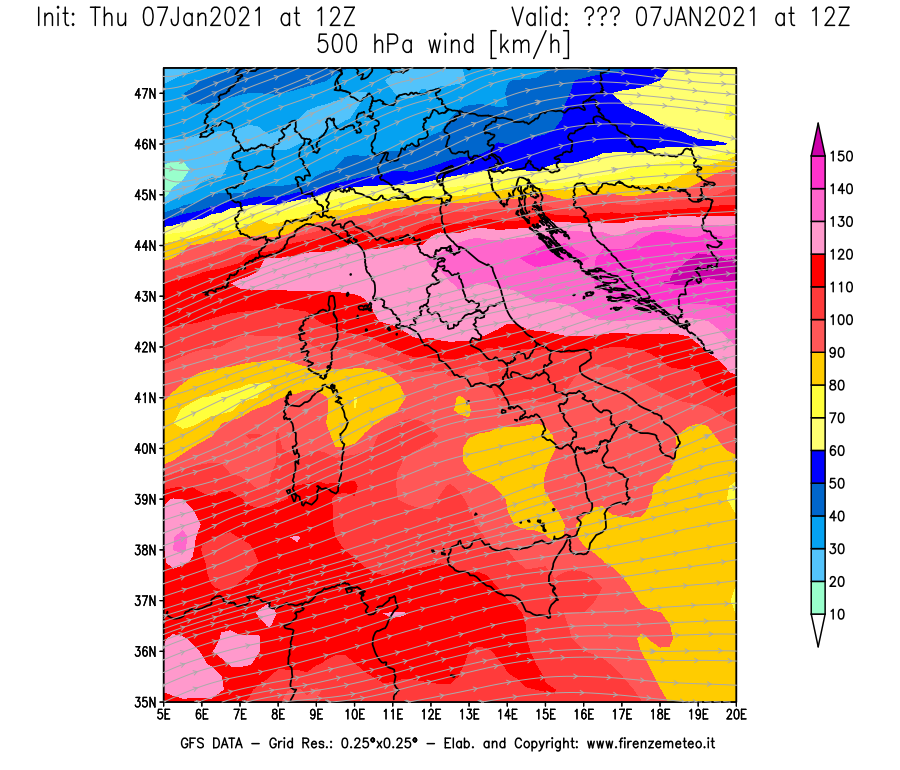 Mappa di analisi GFS - Velocità del vento a 500 hPa [km/h] in Italia
							del 07/01/2021 12 <!--googleoff: index-->UTC<!--googleon: index-->