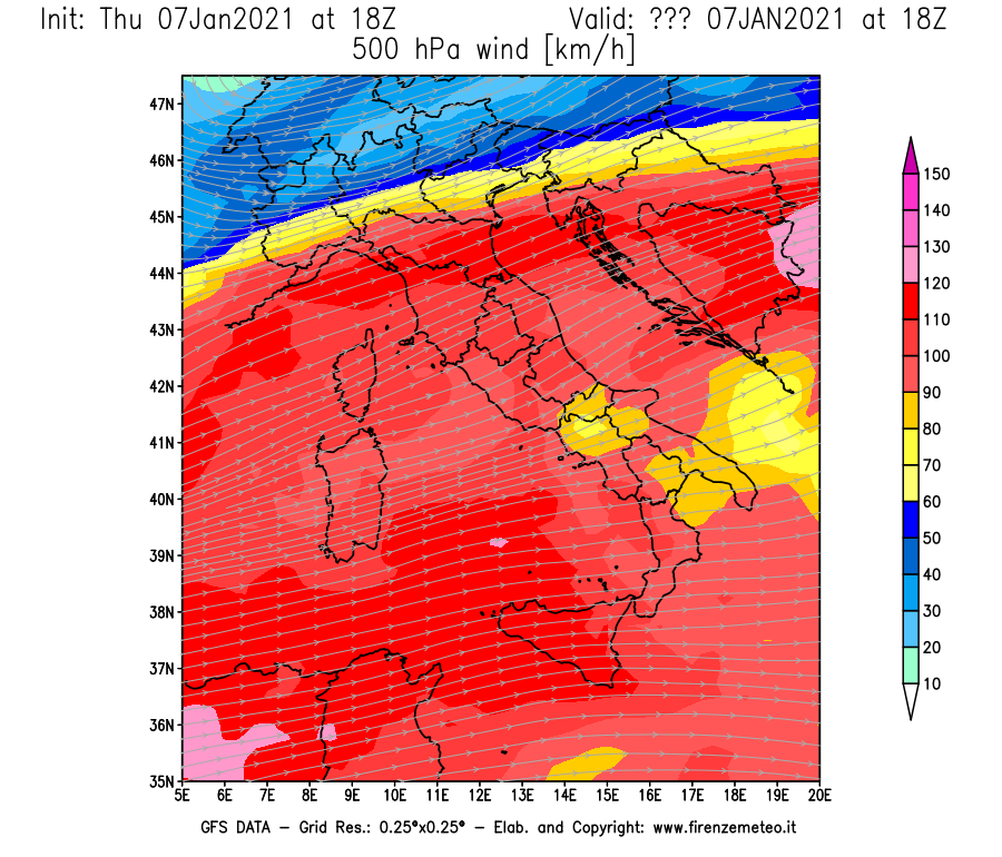 Mappa di analisi GFS - Velocità del vento a 500 hPa [km/h] in Italia
							del 07/01/2021 18 <!--googleoff: index-->UTC<!--googleon: index-->