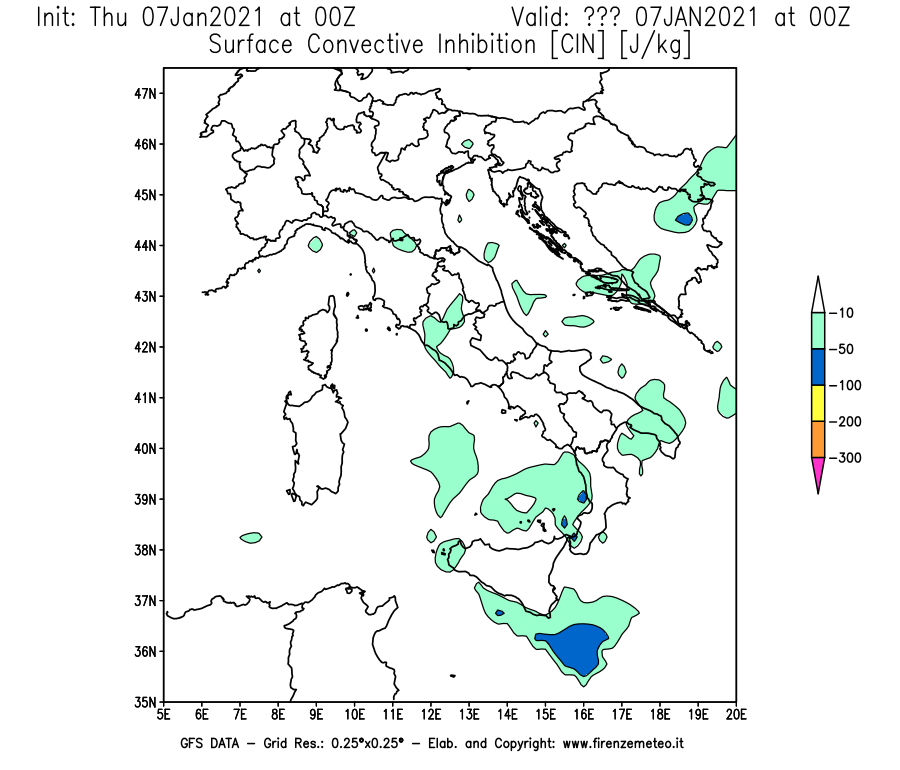 Mappa di analisi GFS - CIN [J/kg] in Italia
							del 07/01/2021 00 <!--googleoff: index-->UTC<!--googleon: index-->
