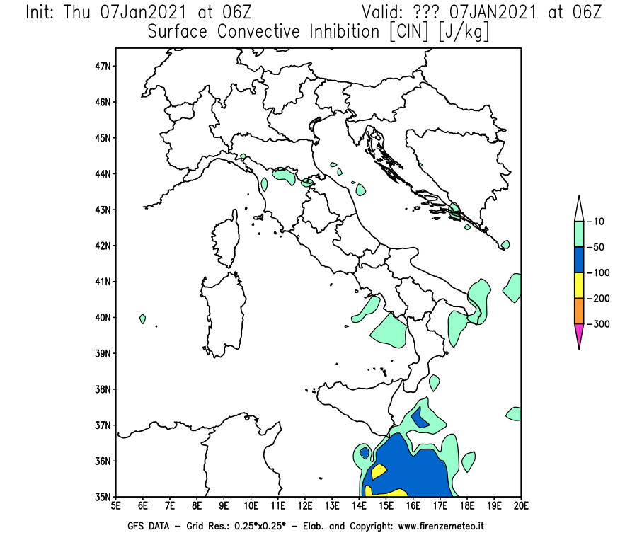 Mappa di analisi GFS - CIN [J/kg] in Italia
							del 07/01/2021 06 <!--googleoff: index-->UTC<!--googleon: index-->