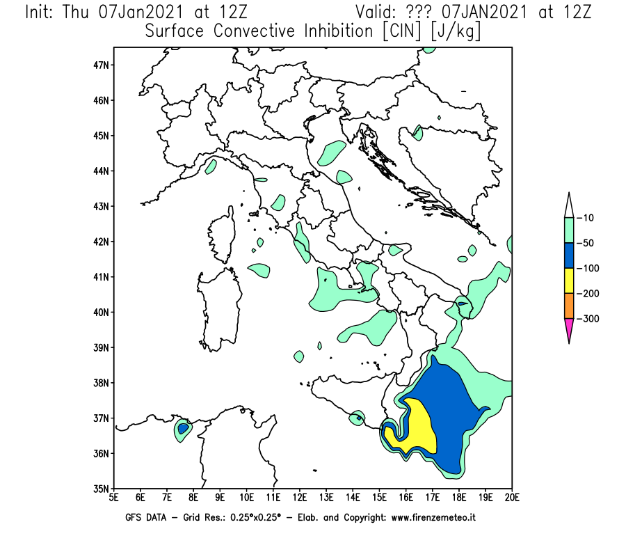 Mappa di analisi GFS - CIN [J/kg] in Italia
							del 07/01/2021 12 <!--googleoff: index-->UTC<!--googleon: index-->