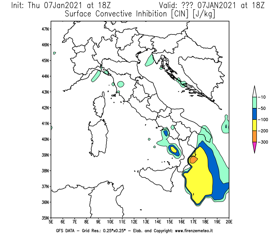 Mappa di analisi GFS - CIN [J/kg] in Italia
							del 07/01/2021 18 <!--googleoff: index-->UTC<!--googleon: index-->