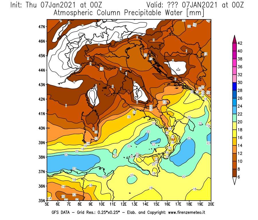 Mappa di analisi GFS - Precipitable Water [mm] in Italia
							del 07/01/2021 00 <!--googleoff: index-->UTC<!--googleon: index-->