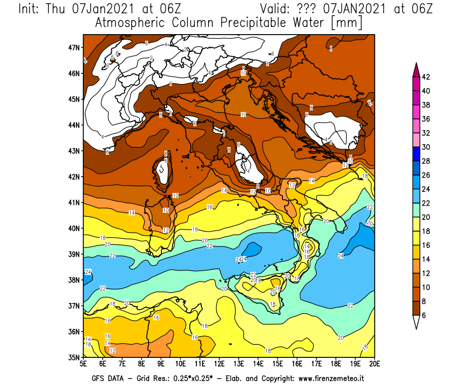 Mappa di analisi GFS - Precipitable Water [mm] in Italia
							del 07/01/2021 06 <!--googleoff: index-->UTC<!--googleon: index-->