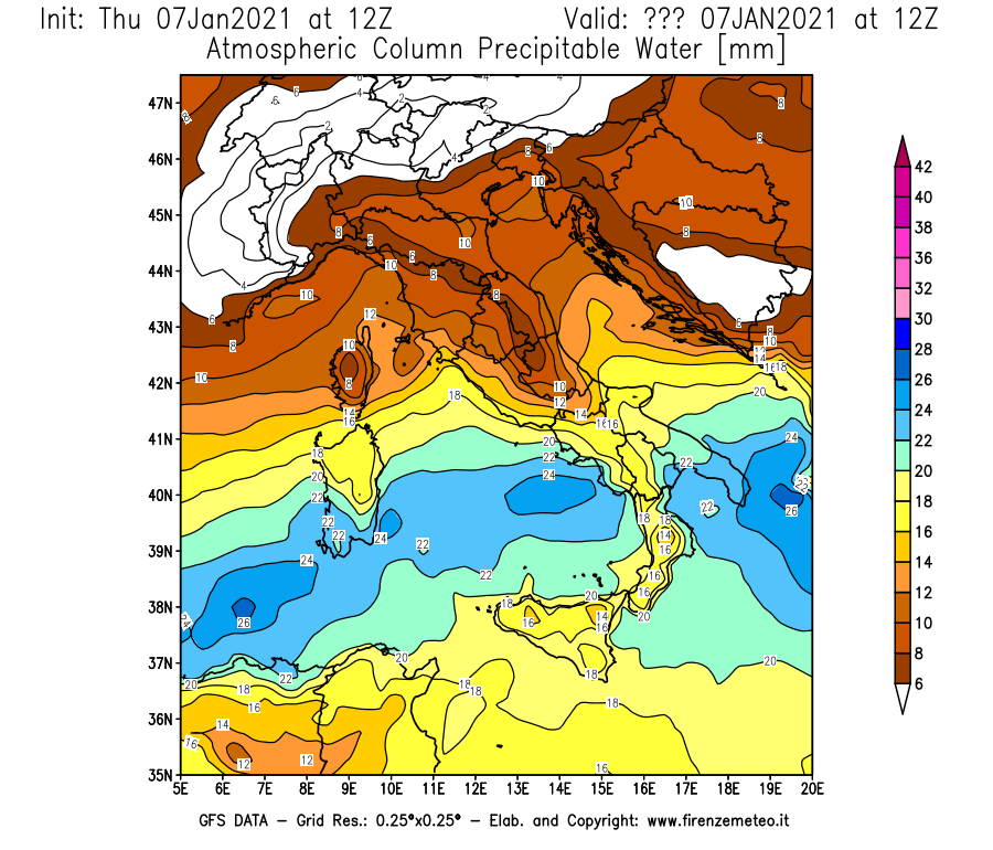 Mappa di analisi GFS - Precipitable Water [mm] in Italia
							del 07/01/2021 12 <!--googleoff: index-->UTC<!--googleon: index-->