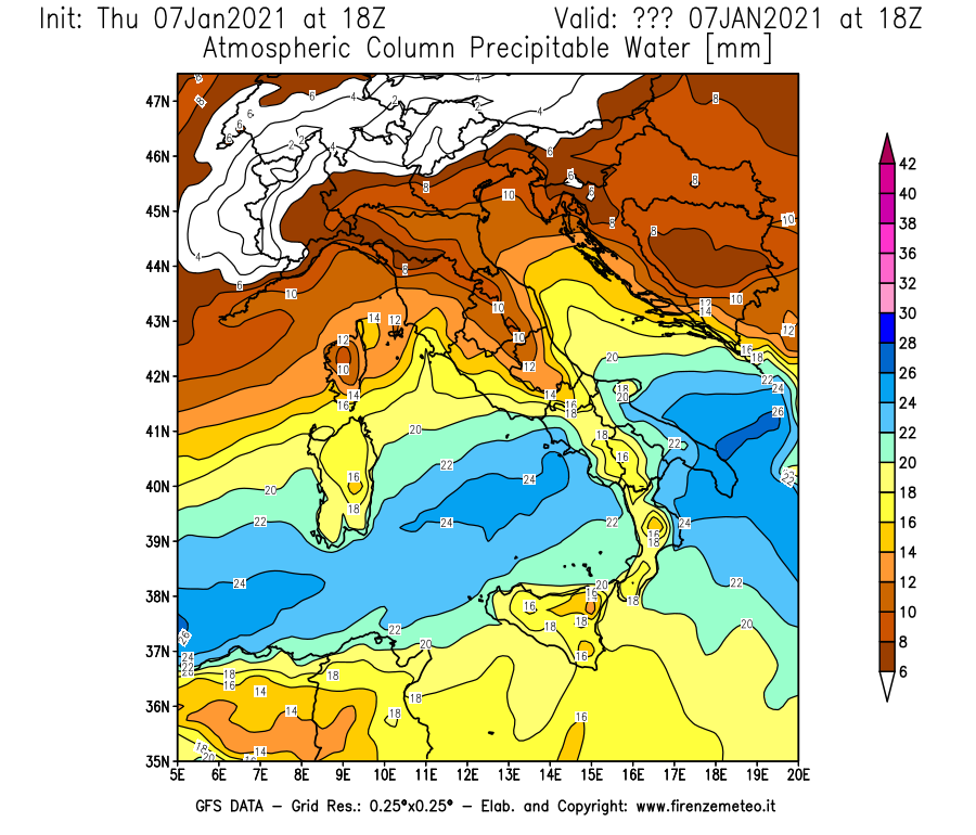 Mappa di analisi GFS - Precipitable Water [mm] in Italia
							del 07/01/2021 18 <!--googleoff: index-->UTC<!--googleon: index-->