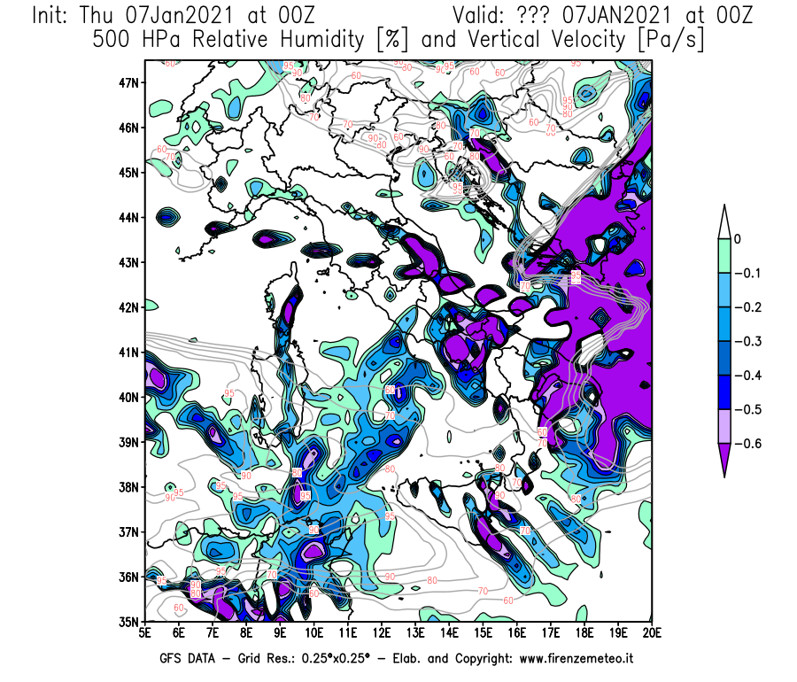 Mappa di analisi GFS - Umidità relativa [%] e Omega [Pa/s] a 500 hPa in Italia
							del 07/01/2021 00 <!--googleoff: index-->UTC<!--googleon: index-->