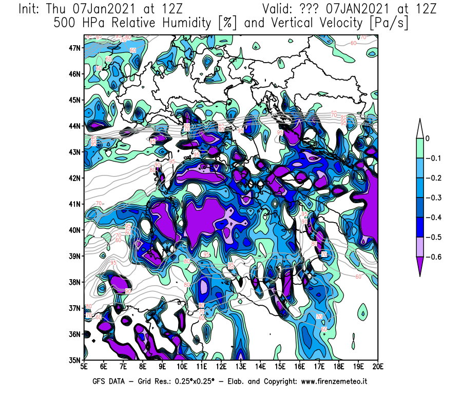 Mappa di analisi GFS - Umidità relativa [%] e Omega [Pa/s] a 500 hPa in Italia
							del 07/01/2021 12 <!--googleoff: index-->UTC<!--googleon: index-->