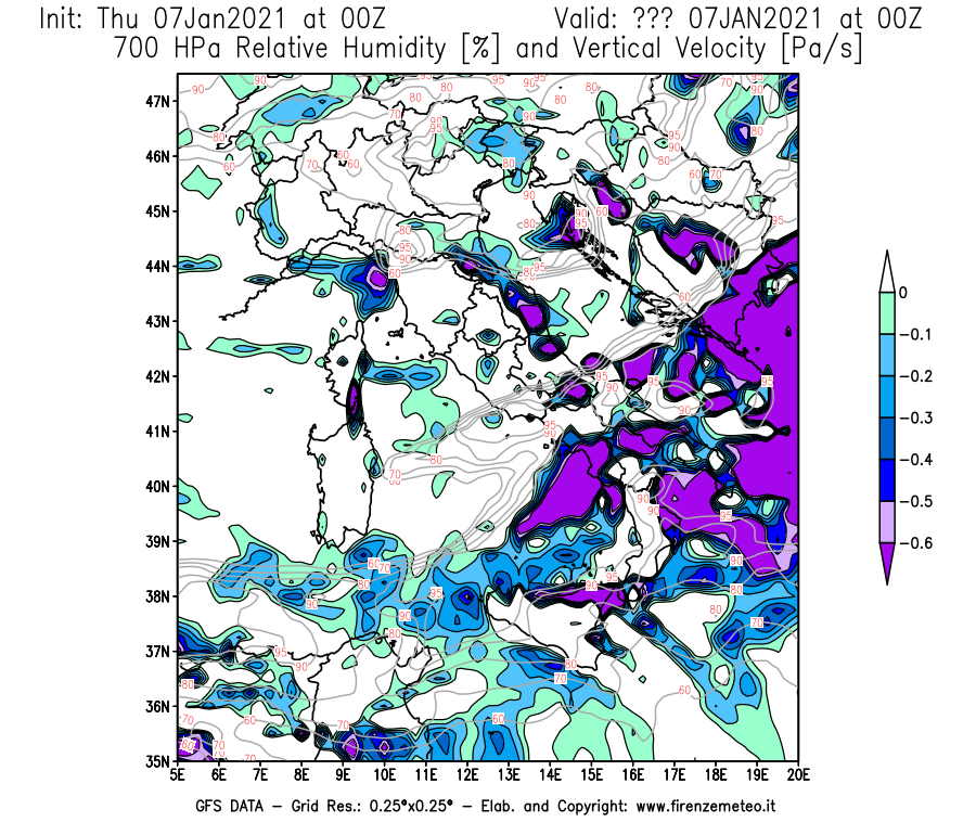 Mappa di analisi GFS - Umidità relativa [%] e Omega [Pa/s] a 700 hPa in Italia
							del 07/01/2021 00 <!--googleoff: index-->UTC<!--googleon: index-->