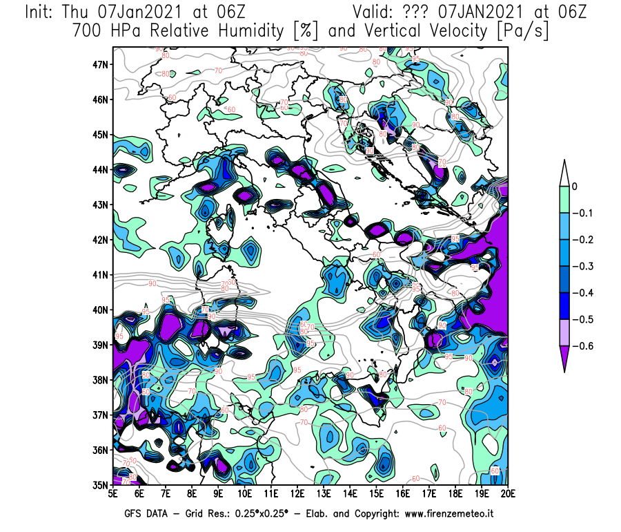 Mappa di analisi GFS - Umidità relativa [%] e Omega [Pa/s] a 700 hPa in Italia
							del 07/01/2021 06 <!--googleoff: index-->UTC<!--googleon: index-->