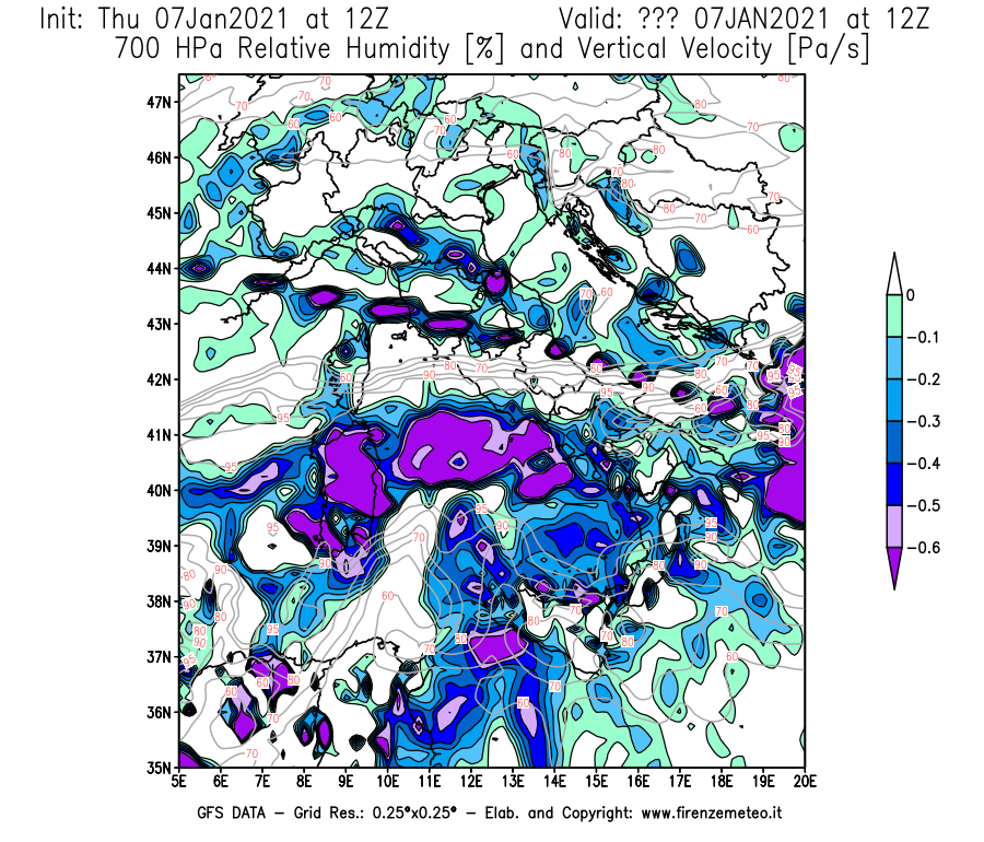 Mappa di analisi GFS - Umidità relativa [%] e Omega [Pa/s] a 700 hPa in Italia
							del 07/01/2021 12 <!--googleoff: index-->UTC<!--googleon: index-->
