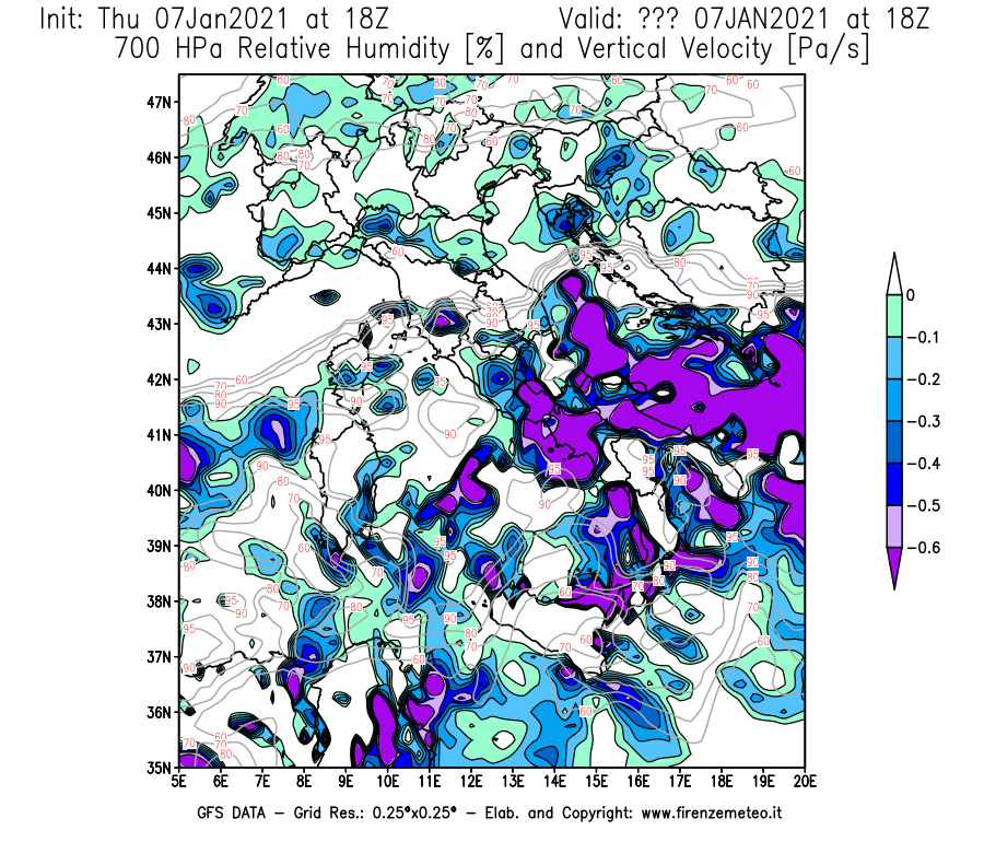 Mappa di analisi GFS - Umidità relativa [%] e Omega [Pa/s] a 700 hPa in Italia
							del 07/01/2021 18 <!--googleoff: index-->UTC<!--googleon: index-->