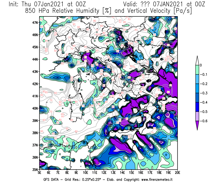 Mappa di analisi GFS - Umidità relativa [%] e Omega [Pa/s] a 850 hPa in Italia
							del 07/01/2021 00 <!--googleoff: index-->UTC<!--googleon: index-->