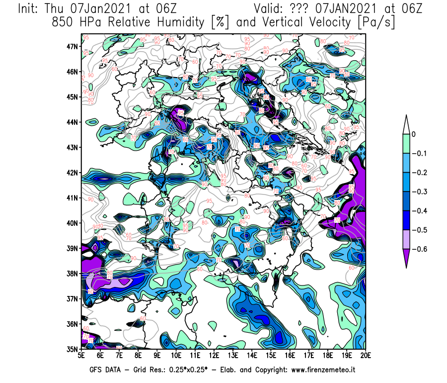 Mappa di analisi GFS - Umidità relativa [%] e Omega [Pa/s] a 850 hPa in Italia
							del 07/01/2021 06 <!--googleoff: index-->UTC<!--googleon: index-->