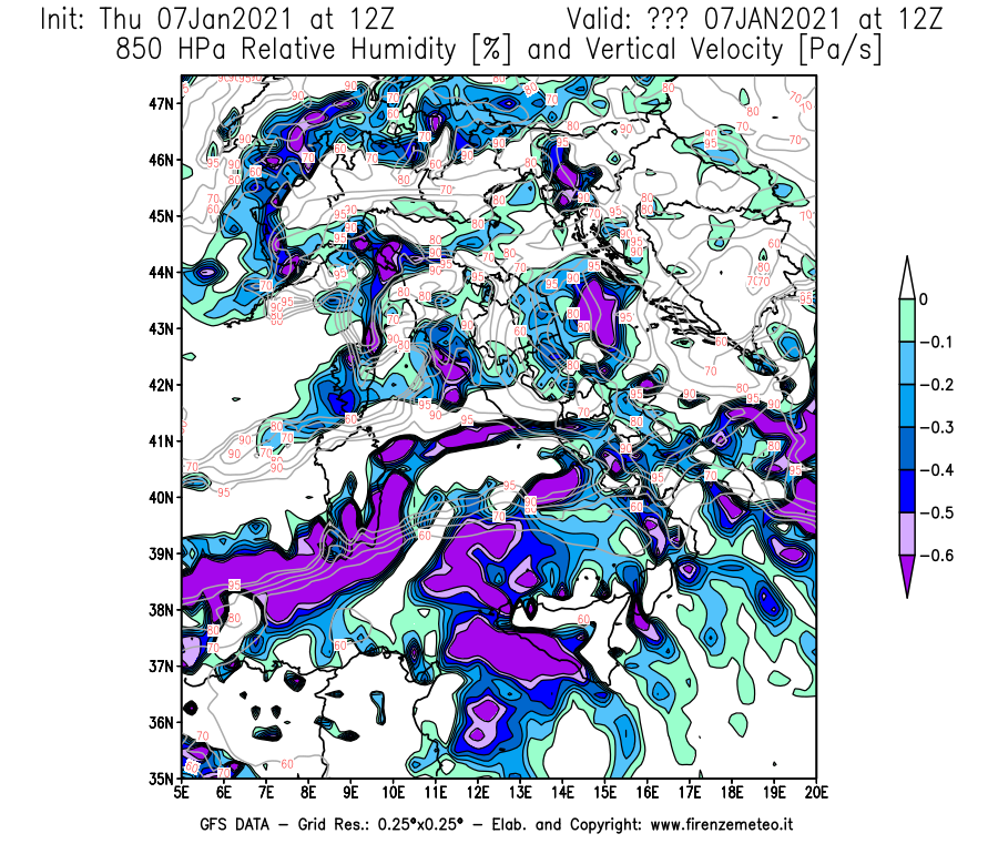 Mappa di analisi GFS - Umidità relativa [%] e Omega [Pa/s] a 850 hPa in Italia
							del 07/01/2021 12 <!--googleoff: index-->UTC<!--googleon: index-->