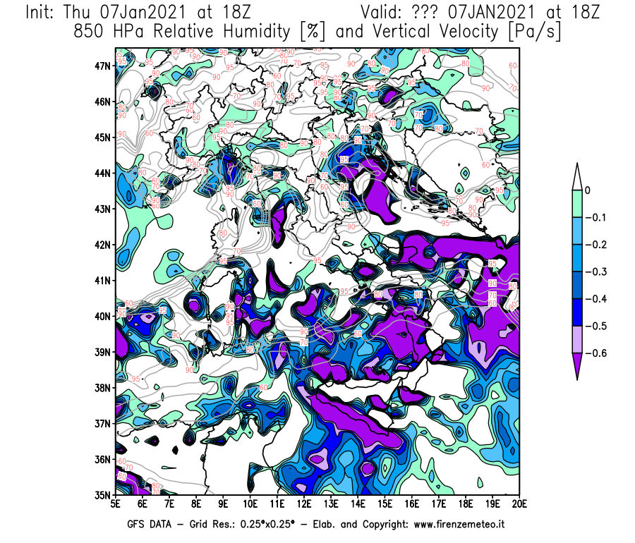 Mappa di analisi GFS - Umidità relativa [%] e Omega [Pa/s] a 850 hPa in Italia
							del 07/01/2021 18 <!--googleoff: index-->UTC<!--googleon: index-->