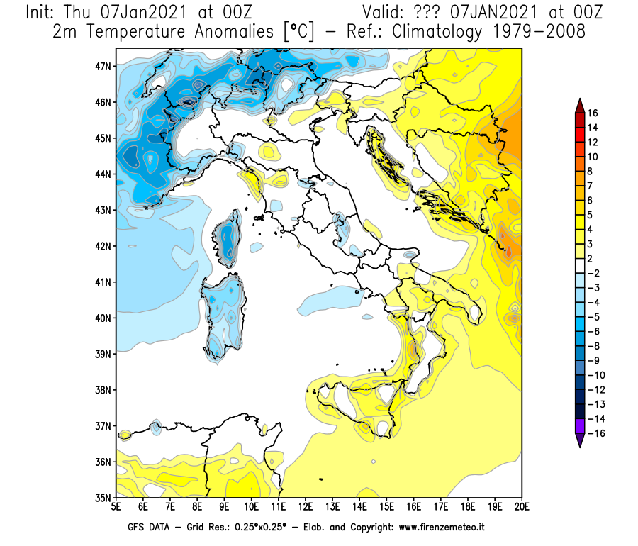 Mappa di analisi GFS - Anomalia Temperatura [°C] a 2 m in Italia
							del 07/01/2021 00 <!--googleoff: index-->UTC<!--googleon: index-->
