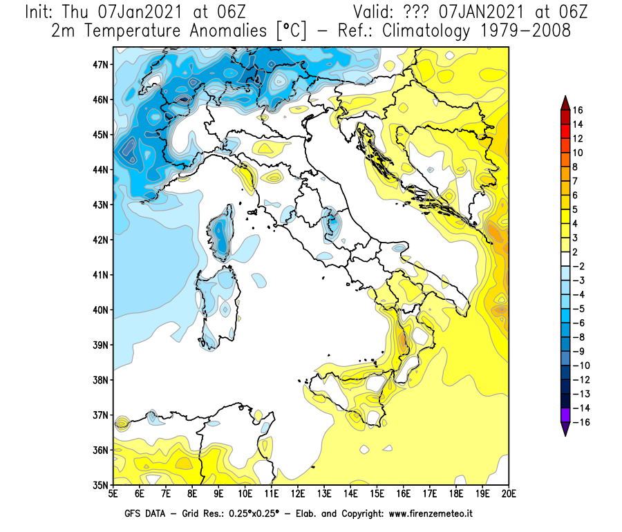 Mappa di analisi GFS - Anomalia Temperatura [°C] a 2 m in Italia
							del 07/01/2021 06 <!--googleoff: index-->UTC<!--googleon: index-->