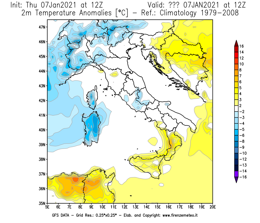Mappa di analisi GFS - Anomalia Temperatura [°C] a 2 m in Italia
							del 07/01/2021 12 <!--googleoff: index-->UTC<!--googleon: index-->
