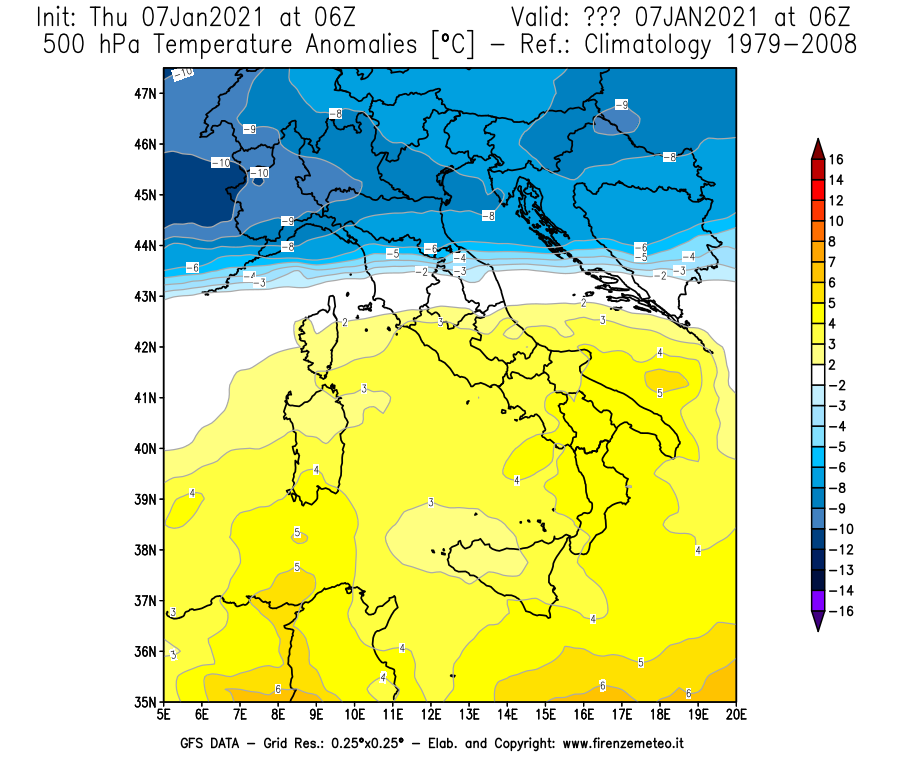 Mappa di analisi GFS - Anomalia Temperatura [°C] a 500 hPa in Italia
							del 07/01/2021 06 <!--googleoff: index-->UTC<!--googleon: index-->
