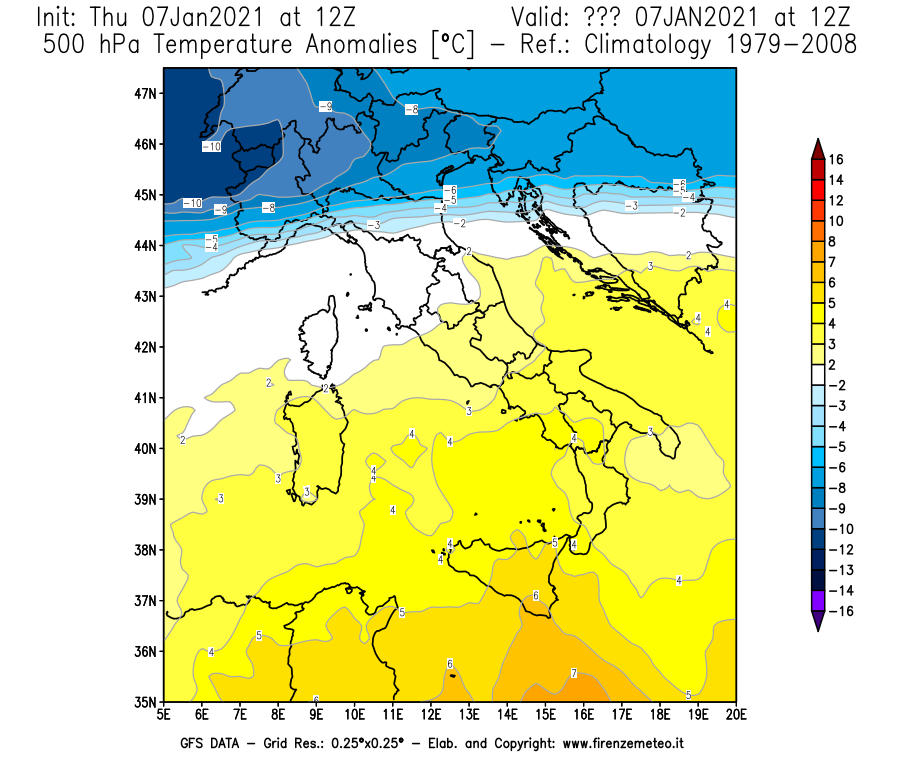 Mappa di analisi GFS - Anomalia Temperatura [°C] a 500 hPa in Italia
							del 07/01/2021 12 <!--googleoff: index-->UTC<!--googleon: index-->