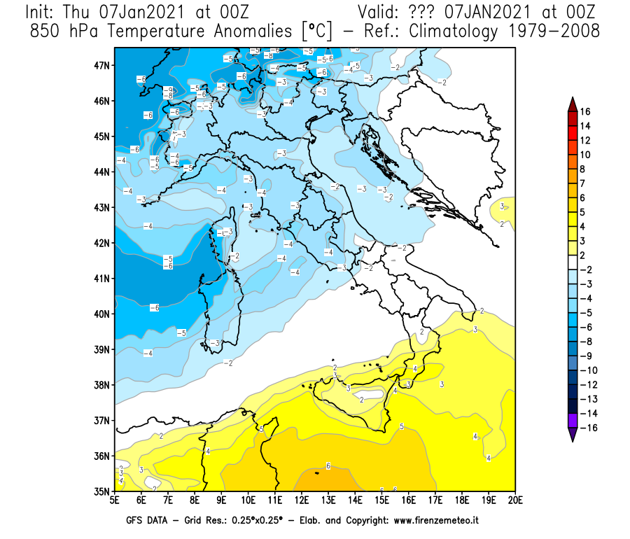 Mappa di analisi GFS - Anomalia Temperatura [°C] a 850 hPa in Italia
							del 07/01/2021 00 <!--googleoff: index-->UTC<!--googleon: index-->