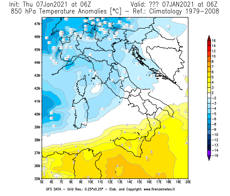 Mappa di analisi GFS - Anomalia Temperatura [°C] a 850 hPa in Italia
							del 07/01/2021 06 <!--googleoff: index-->UTC<!--googleon: index-->