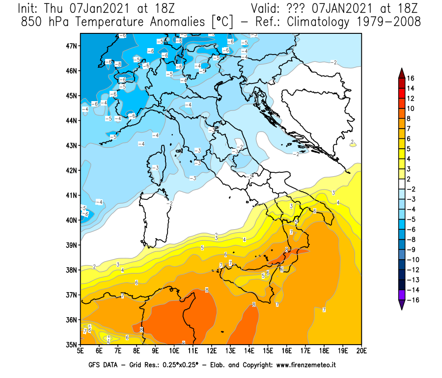 Mappa di analisi GFS - Anomalia Temperatura [°C] a 850 hPa in Italia
							del 07/01/2021 18 <!--googleoff: index-->UTC<!--googleon: index-->