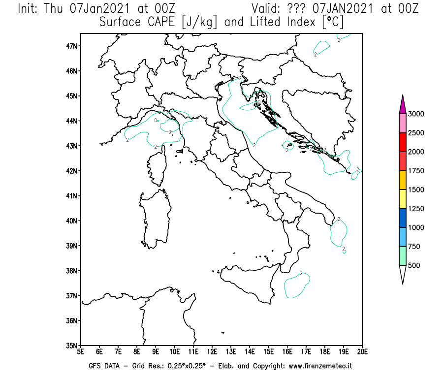 Mappa di analisi GFS - CAPE [J/kg] e Lifted Index [°C] in Italia
							del 07/01/2021 00 <!--googleoff: index-->UTC<!--googleon: index-->