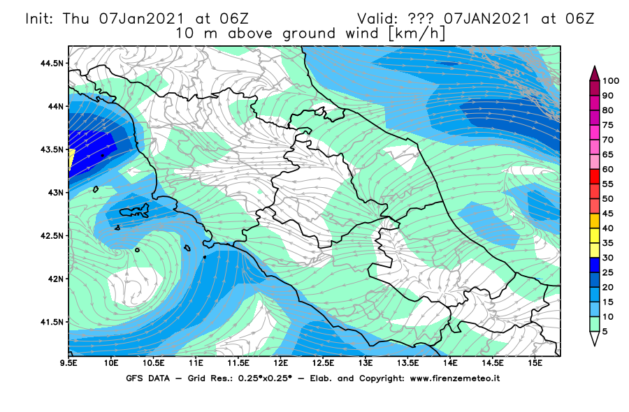 Mappa di analisi GFS - Velocità del vento a 10 metri dal suolo [km/h] in Centro-Italia
							del 07/01/2021 06 <!--googleoff: index-->UTC<!--googleon: index-->