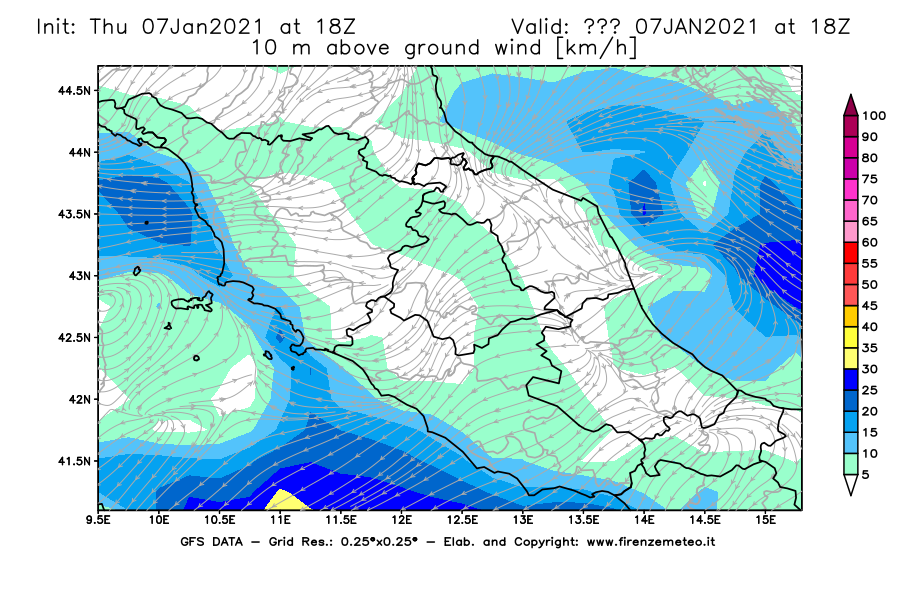 Mappa di analisi GFS - Velocità del vento a 10 metri dal suolo [km/h] in Centro-Italia
							del 07/01/2021 18 <!--googleoff: index-->UTC<!--googleon: index-->
