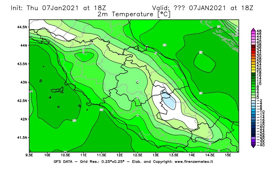 Mappa di analisi GFS - Temperatura a 2 metri dal suolo [°C] in Centro-Italia
							del 07/01/2021 18 <!--googleoff: index-->UTC<!--googleon: index-->