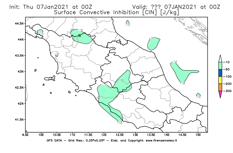 Mappa di analisi GFS - CIN [J/kg] in Centro-Italia
							del 07/01/2021 00 <!--googleoff: index-->UTC<!--googleon: index-->