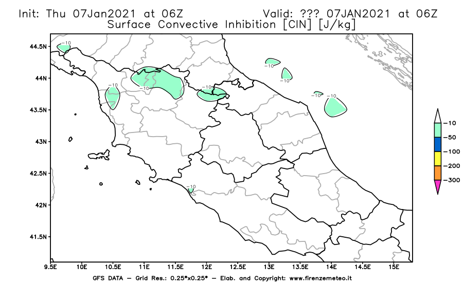 Mappa di analisi GFS - CIN [J/kg] in Centro-Italia
							del 07/01/2021 06 <!--googleoff: index-->UTC<!--googleon: index-->