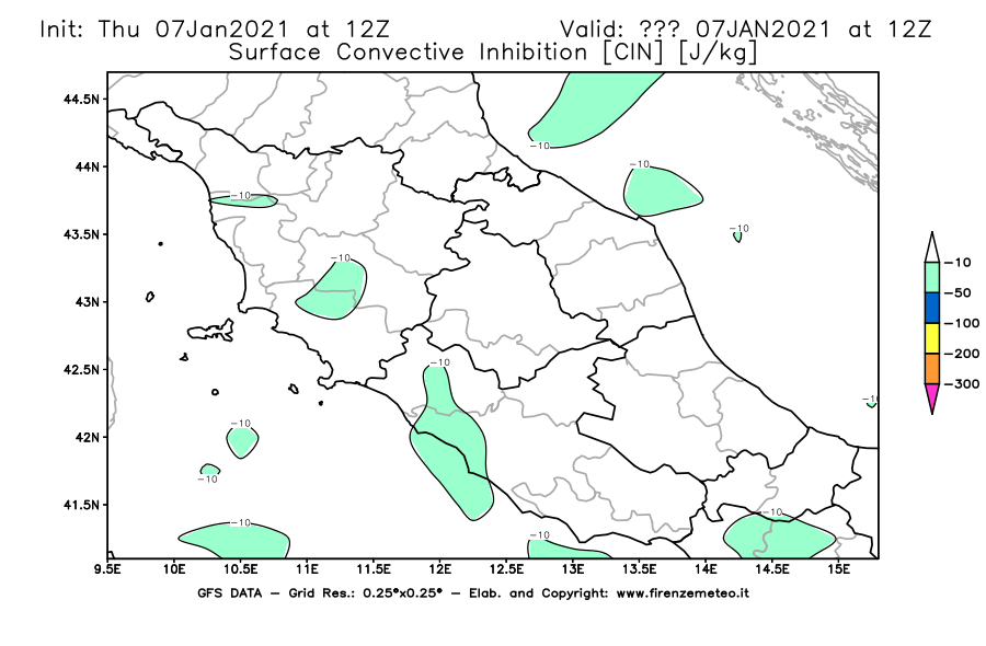Mappa di analisi GFS - CIN [J/kg] in Centro-Italia
							del 07/01/2021 12 <!--googleoff: index-->UTC<!--googleon: index-->
