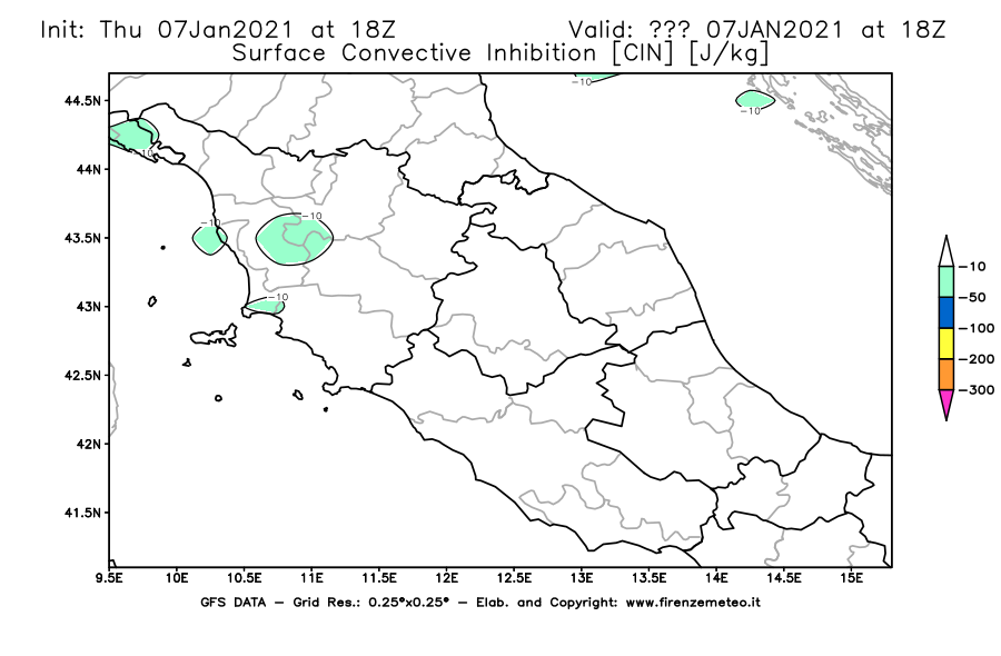 Mappa di analisi GFS - CIN [J/kg] in Centro-Italia
							del 07/01/2021 18 <!--googleoff: index-->UTC<!--googleon: index-->