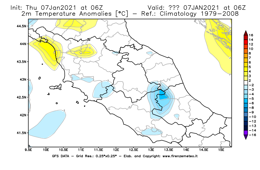 Mappa di analisi GFS - Anomalia Temperatura [°C] a 2 m in Centro-Italia
							del 07/01/2021 06 <!--googleoff: index-->UTC<!--googleon: index-->