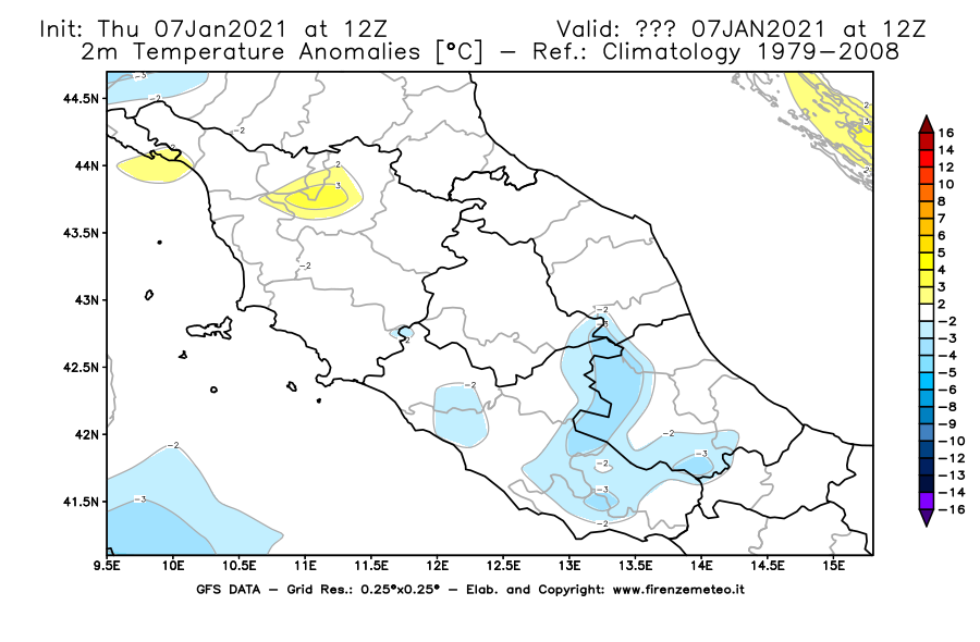 Mappa di analisi GFS - Anomalia Temperatura [°C] a 2 m in Centro-Italia
							del 07/01/2021 12 <!--googleoff: index-->UTC<!--googleon: index-->