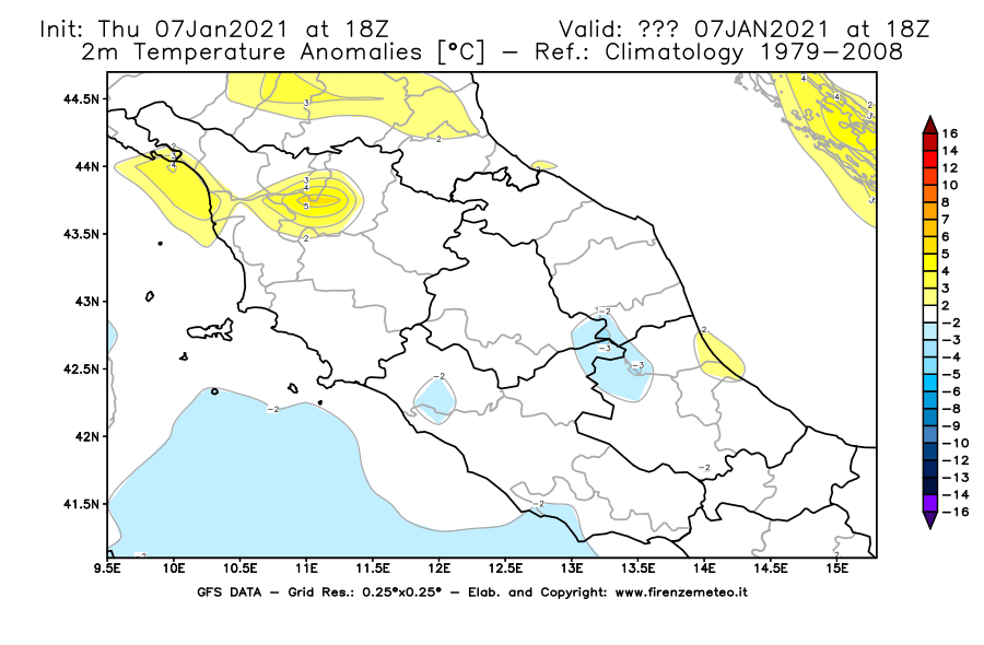 Mappa di analisi GFS - Anomalia Temperatura [°C] a 2 m in Centro-Italia
							del 07/01/2021 18 <!--googleoff: index-->UTC<!--googleon: index-->