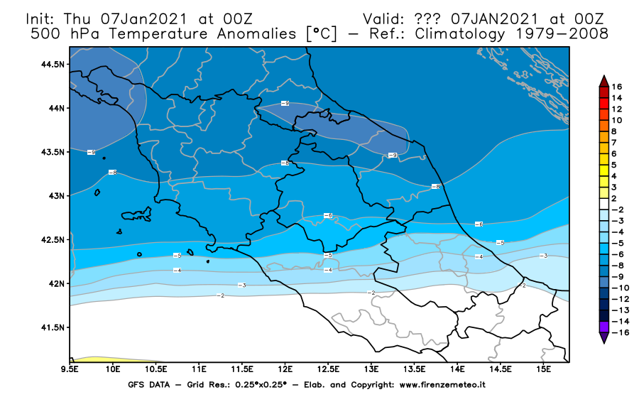 Mappa di analisi GFS - Anomalia Temperatura [°C] a 500 hPa in Centro-Italia
							del 07/01/2021 00 <!--googleoff: index-->UTC<!--googleon: index-->