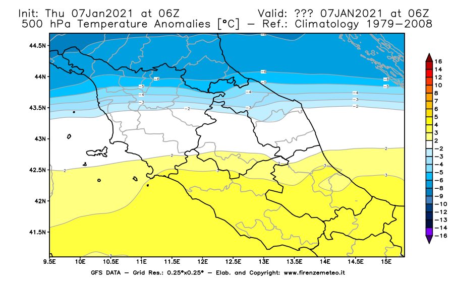 Mappa di analisi GFS - Anomalia Temperatura [°C] a 500 hPa in Centro-Italia
							del 07/01/2021 06 <!--googleoff: index-->UTC<!--googleon: index-->