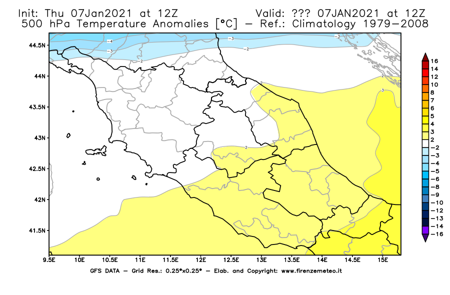Mappa di analisi GFS - Anomalia Temperatura [°C] a 500 hPa in Centro-Italia
							del 07/01/2021 12 <!--googleoff: index-->UTC<!--googleon: index-->