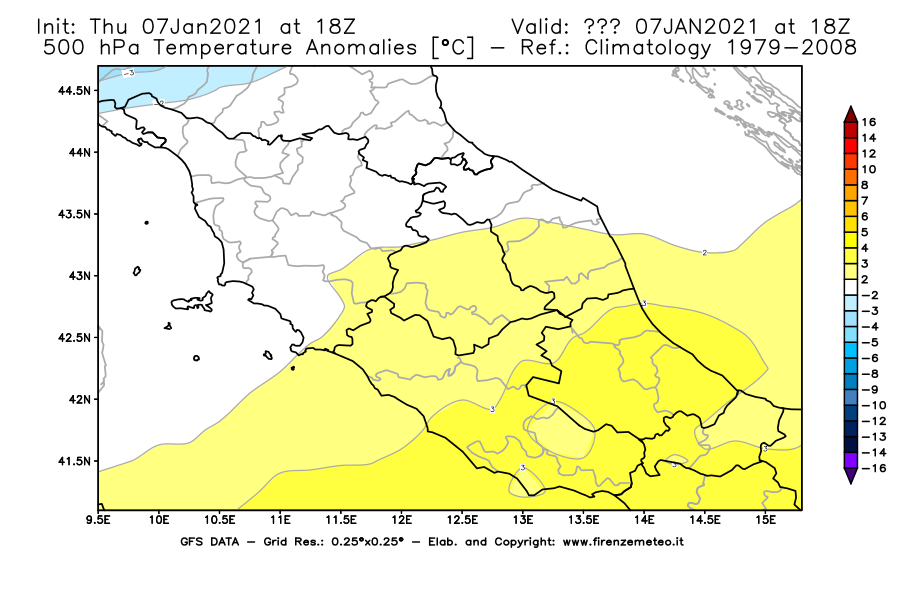 Mappa di analisi GFS - Anomalia Temperatura [°C] a 500 hPa in Centro-Italia
							del 07/01/2021 18 <!--googleoff: index-->UTC<!--googleon: index-->